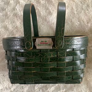 Henn Workshops Basket Green Crackled Christmas Keepsake Handles Hand Crafted